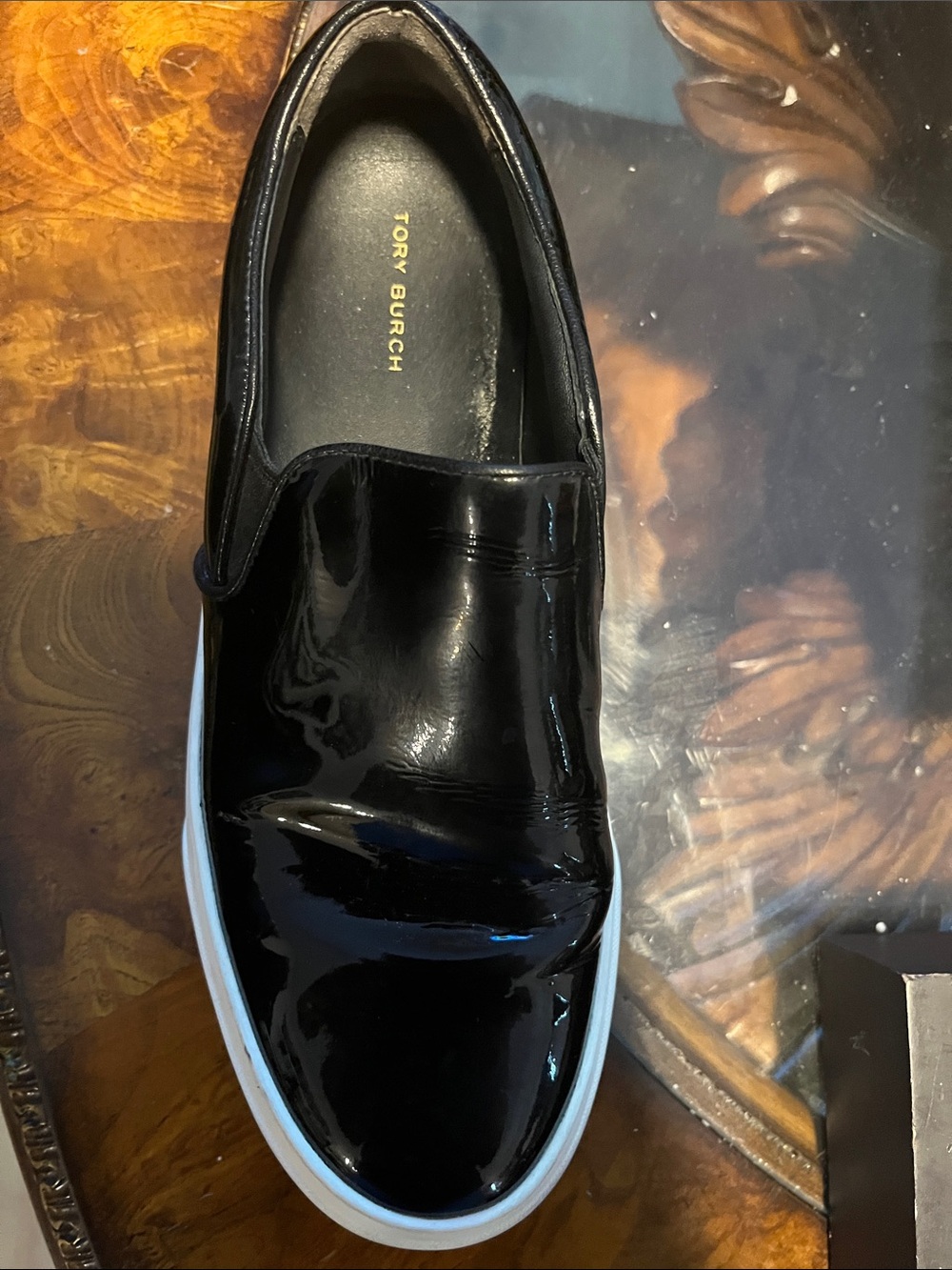 Tory Burch Black Patent Leather Slip-On Loafer with White Sole